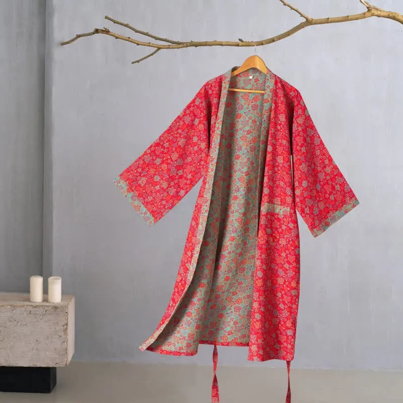 Romantischer Kimono-Bademantel aus Baumwolle mit Rosenmuster