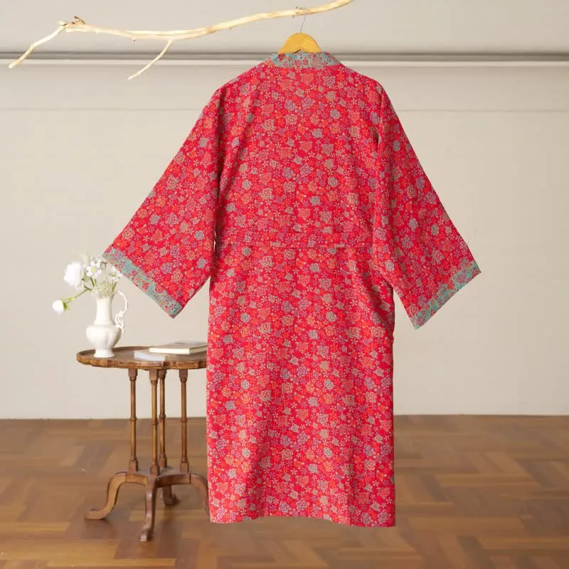 Romantischer Kimono-Bademantel aus Baumwolle mit Rosenmuster