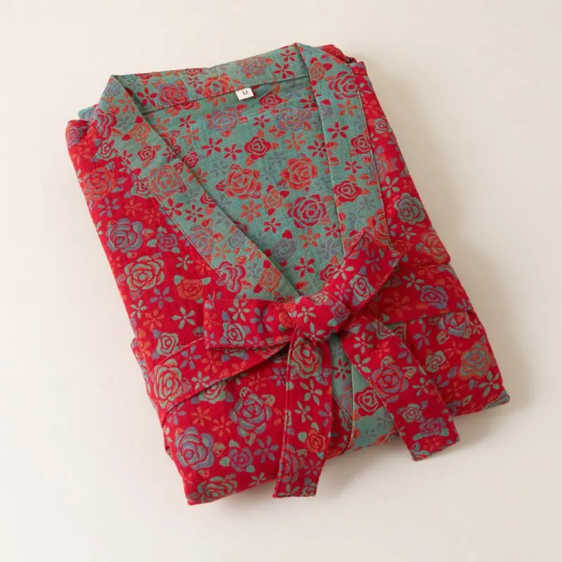 Romantischer Kimono-Bademantel aus Baumwolle mit Rosenmuster