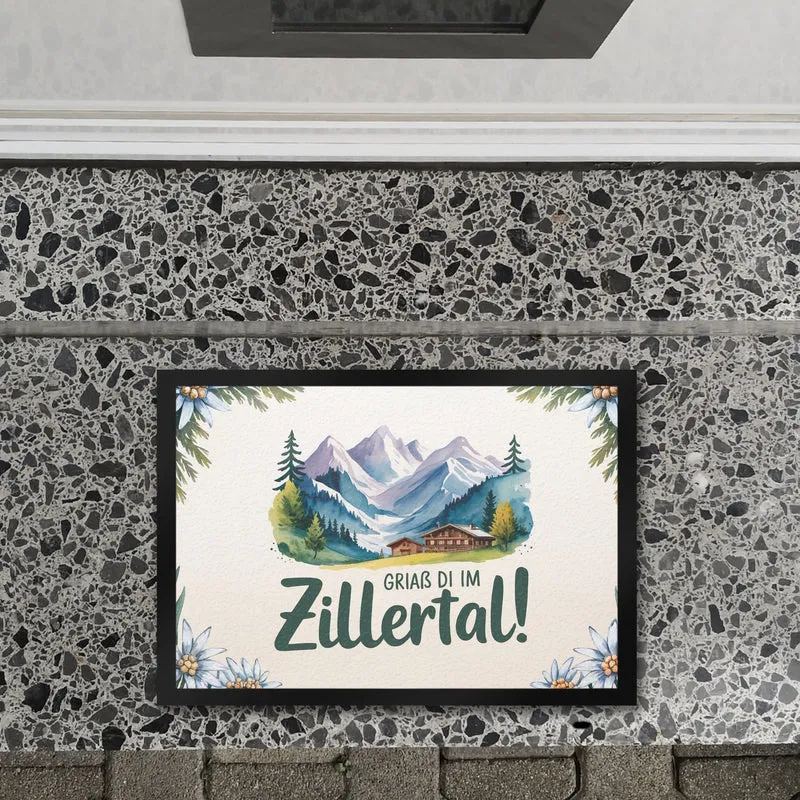 Griaß di im Zillertal! Fußmatte in 35x50 cm mit Berglandschaft