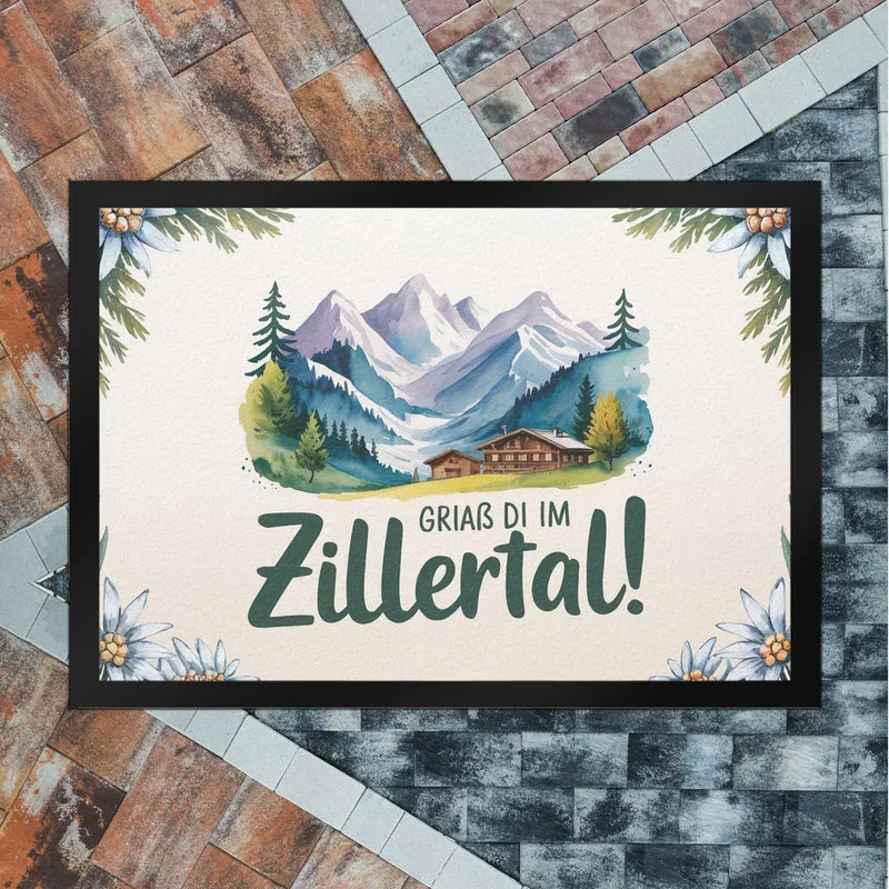 Griaß di im Zillertal! Fußmatte in 35x50 cm mit Berglandschaft