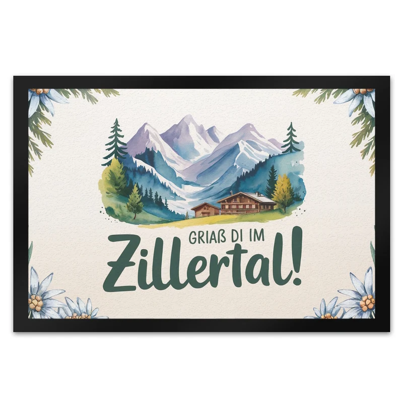 Griaß di im Zillertal! Fußmatte in 35x50 cm mit Berglandschaft