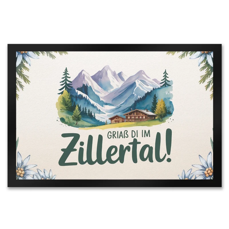 Griaß di im Zillertal! Fußmatte in 35x50 cm mit Berglandschaft