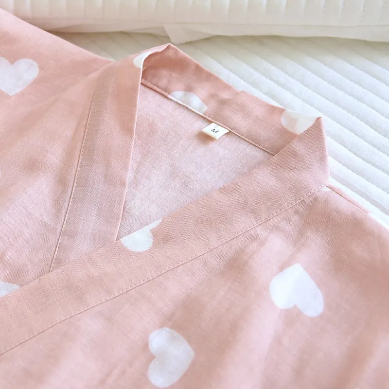 Kimono-Bademantel aus Baumwollgaze mit Herzmotiv