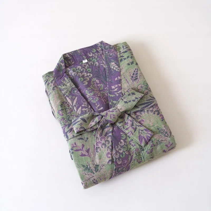 Kimono-Robe aus Baumwollgaze mit botanischem Bezug
