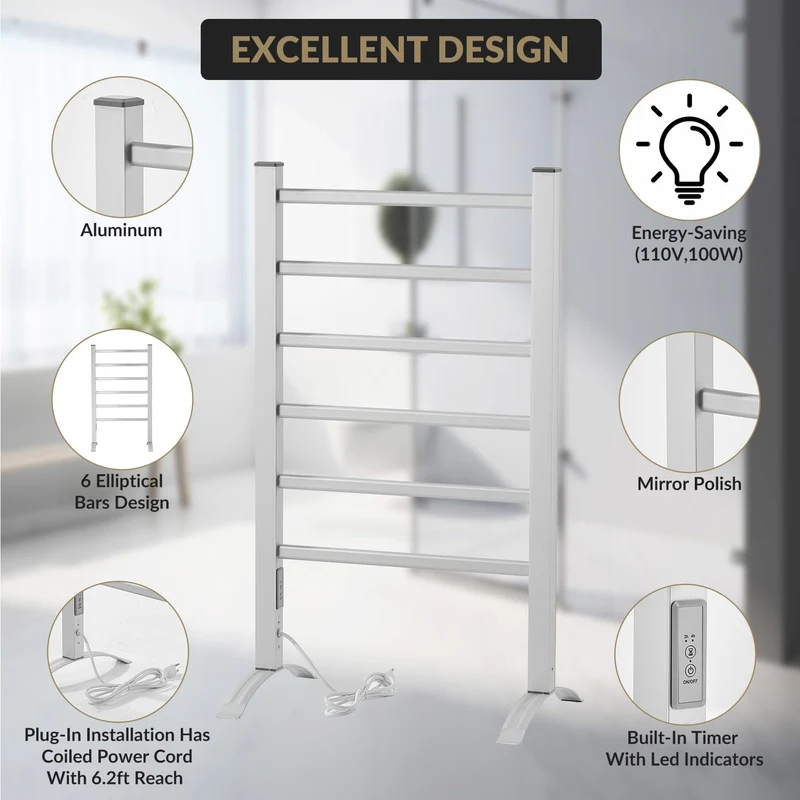 Garvee Scaldasalviette Elettrico 2-in-1, 5 Barre Riscaldanti, Metallo Bianco, Montaggio a Parete e Libero, Bagno e Camera, 50x5x70 cm