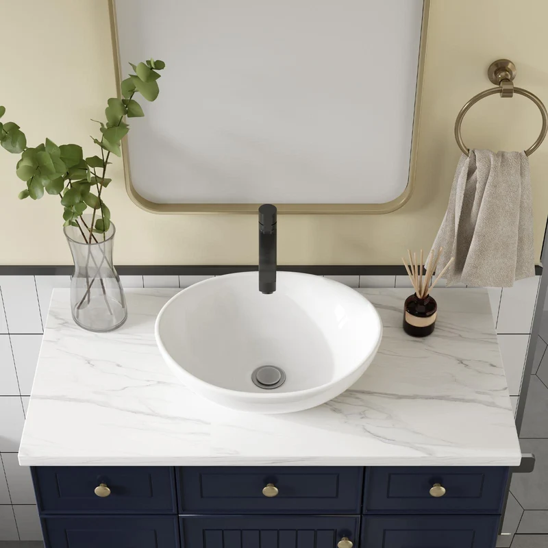 Garvee Lavabo da Bagno Ellittico in Ceramica Bianca, 41x33 cm, Design Moderno, Resistente a Graffi e Macchie, Installazione Sopra il Contatore, Ideale per Bagni e Bar