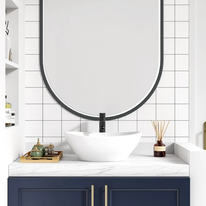Garvee Lavabo da Bagno Ellittico in Ceramica Bianca, 41x33 cm, Design Moderno, Resistente a Graffi e Macchie, Installazione Sopra il Contatore, Ideale per Bagni e Bar