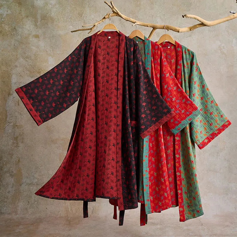 Zweifarbiger Kimono-Bademantel aus Ginkgo-Baumwollgaze