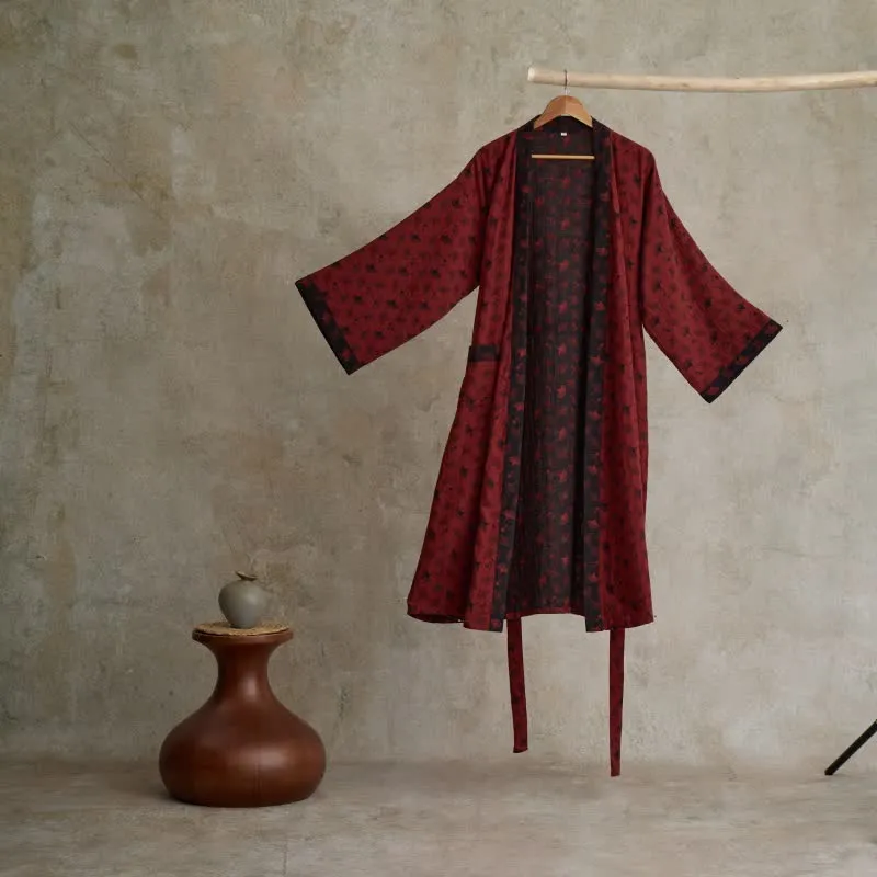 Zweifarbiger Kimono-Bademantel aus Ginkgo-Baumwollgaze