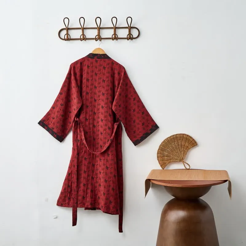 Zweifarbiger Kimono-Bademantel aus Ginkgo-Baumwollgaze