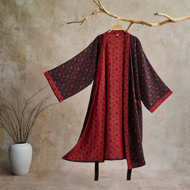 Zweifarbiger Kimono-Bademantel aus Ginkgo-Baumwollgaze