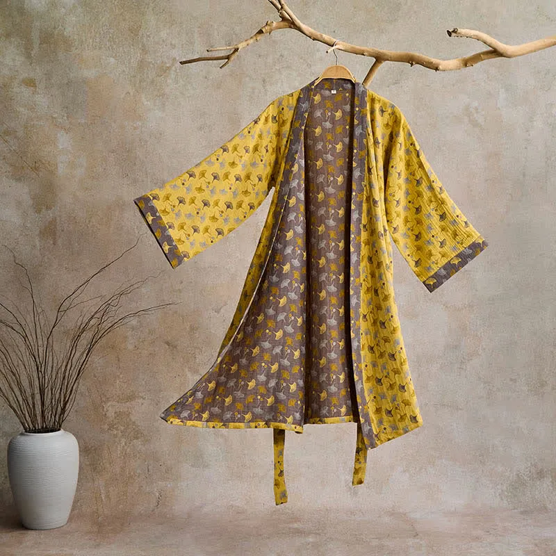 Zweifarbiger Kimono-Bademantel aus Ginkgo-Baumwollgaze
