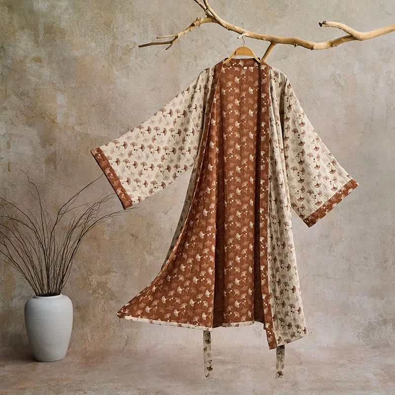 Zweifarbiger Kimono-Bademantel aus Ginkgo-Baumwollgaze