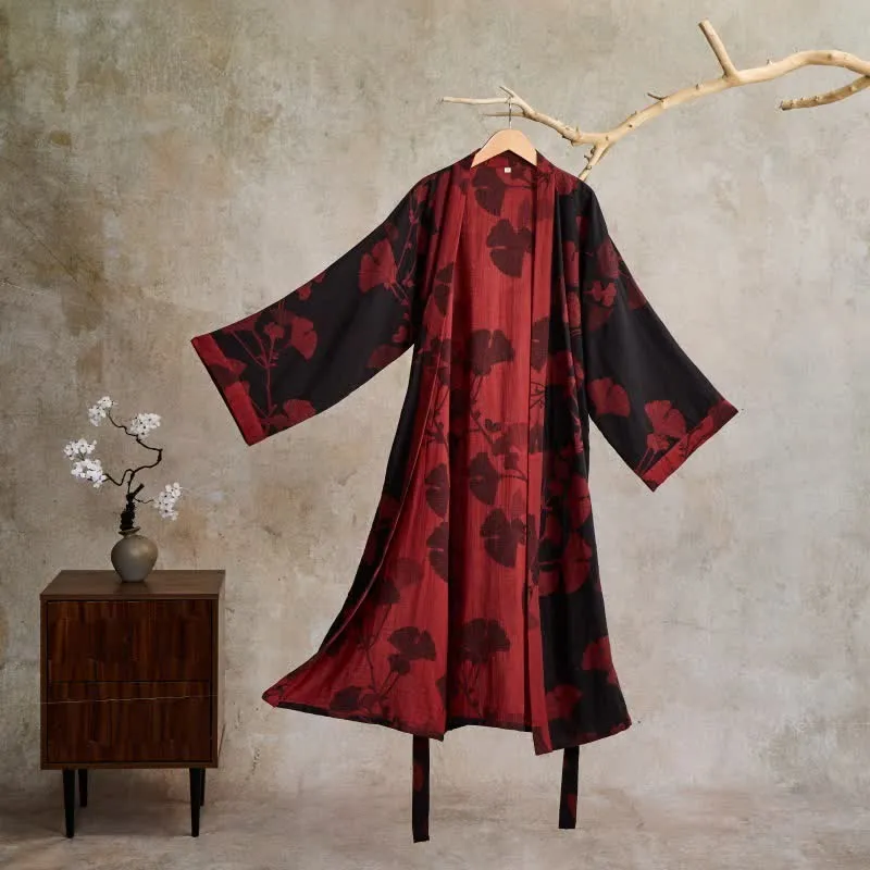 Großer Kimono-Bademantel aus Baumwolle mit Ginkgoblättern