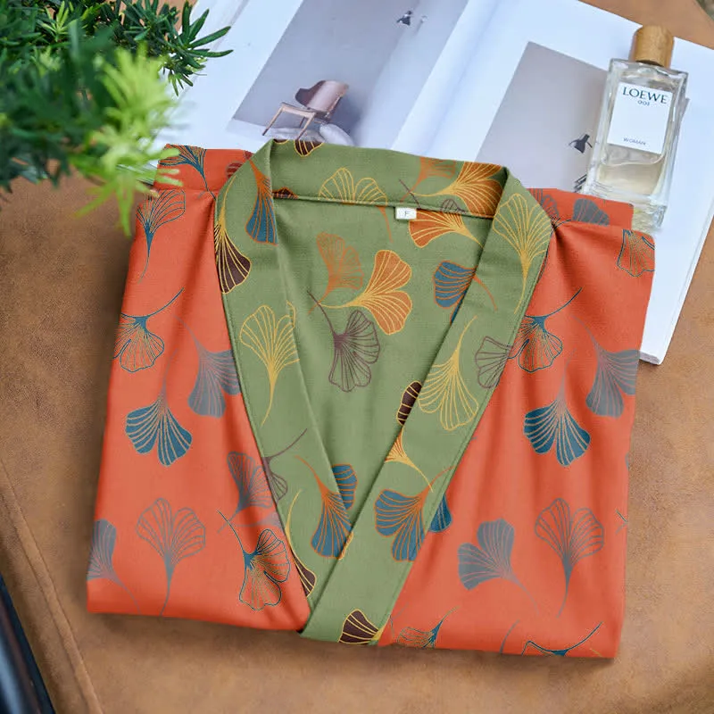Kimono-Bademantel aus Ginkgo-Biloba-Baumwolle