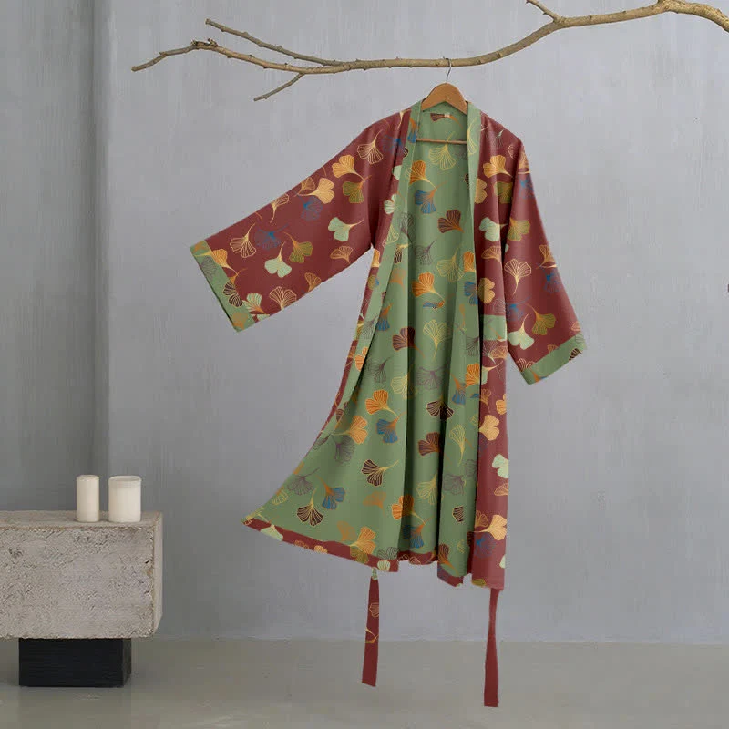 Kimono-Bademantel aus Ginkgo-Biloba-Baumwolle