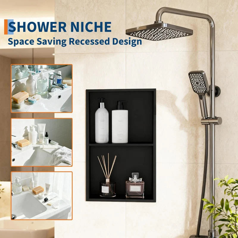 Garvee Nicchia Doccia in Acciaio Inossidabile con Doppie Mensole, Illuminazione LED Calda, Nero Opaco, Montaggio a Incasso, 61x30,5 cm, Bagno Moderno