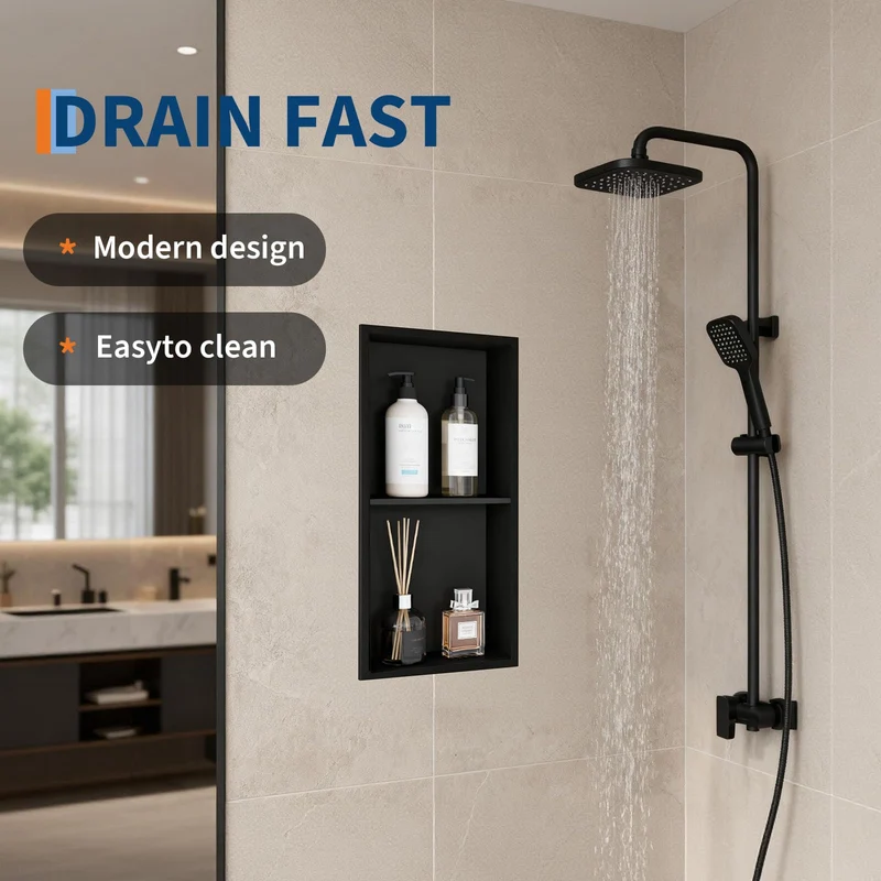 Garvee Nicchia Doccia in Acciaio Inossidabile con Doppie Mensole, Illuminazione LED Calda, Nero Opaco, Montaggio a Incasso, 61x30,5 cm, Bagno Moderno