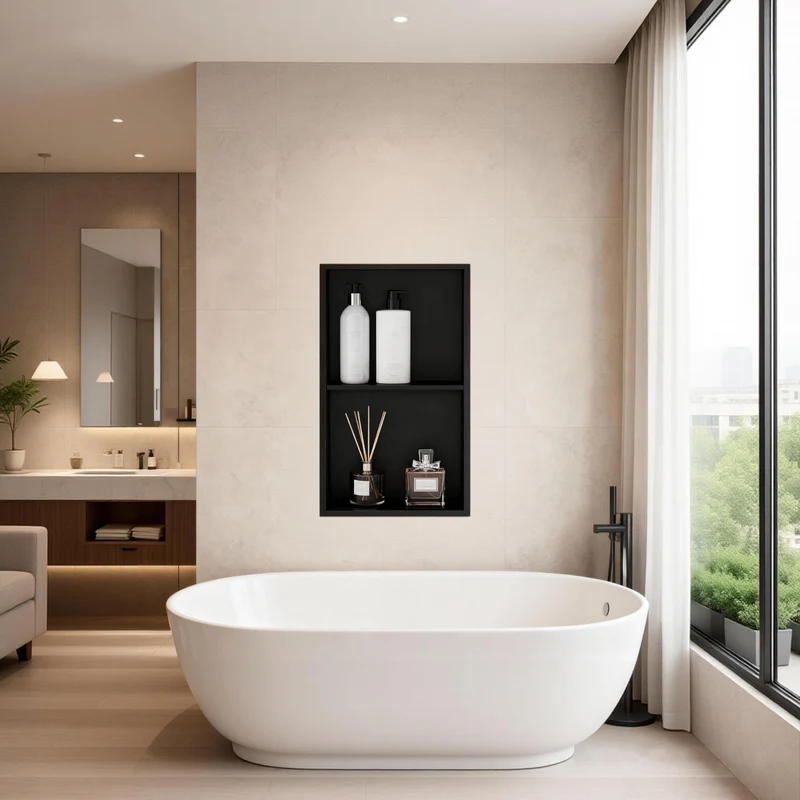 Garvee Nicchia Doccia in Acciaio Inossidabile con Doppie Mensole, Illuminazione LED Calda, Nero Opaco, Montaggio a Incasso, 61x30,5 cm, Bagno Moderno
