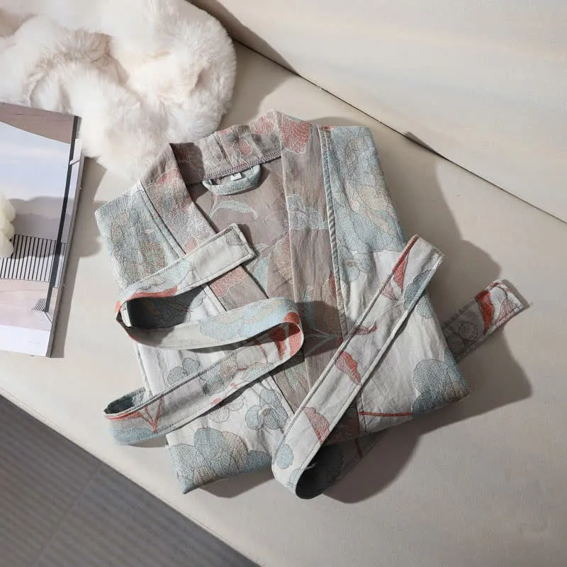 Unisex Bademantel aus Baumwollgaze, blau-pfingstrosenfarben