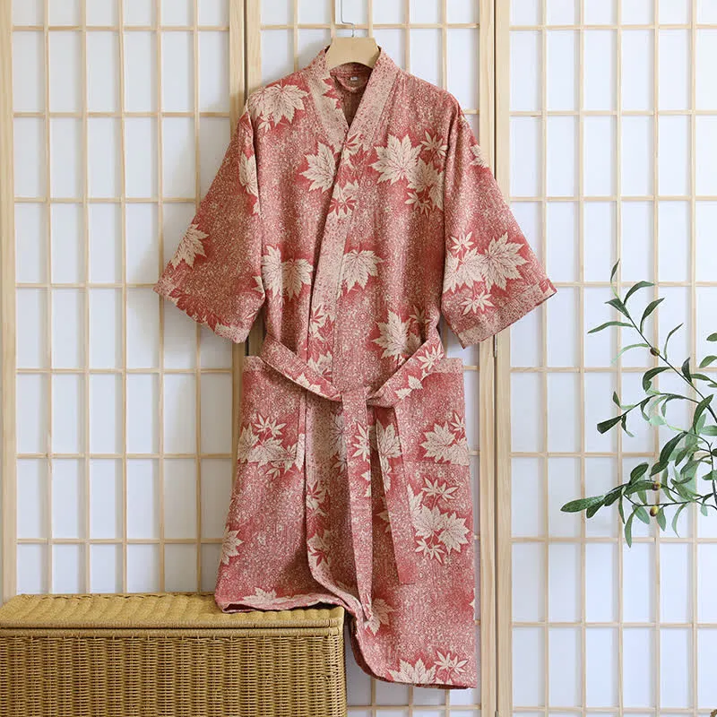 Kimono-Bademantel aus Baumwollgaze mit Ahornblatt-Print