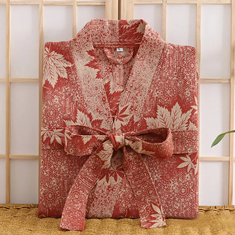 Kimono-Bademantel aus Baumwollgaze mit Ahornblatt-Print