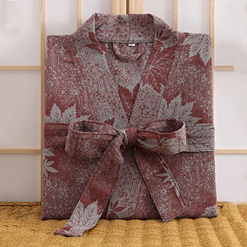 Kimono-Bademantel aus Baumwollgaze mit Ahornblatt-Print