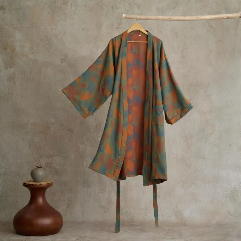 Kimono-Bademantel aus Baumwolle mit Ginkgoblatt-Print