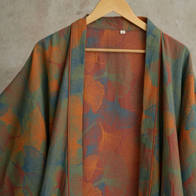 Kimono-Bademantel aus Baumwolle mit Ginkgoblatt-Print