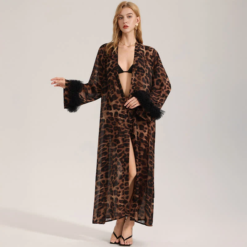 Langärmliger Kimono-Bademantel mit Leopardenmuster