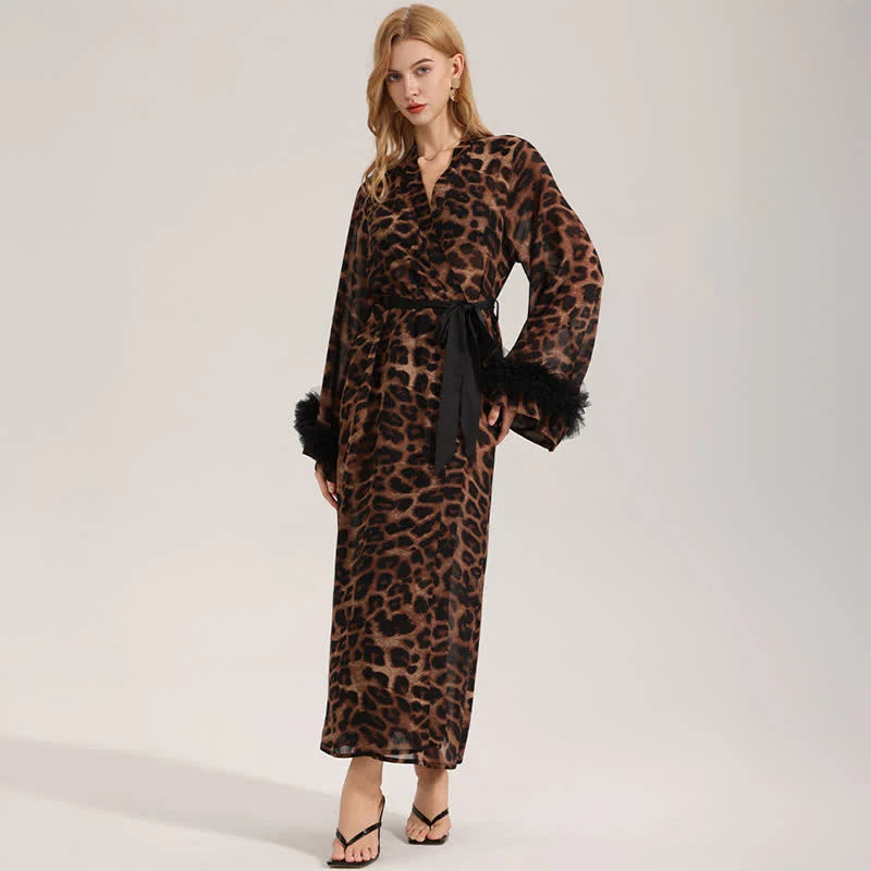 Langärmliger Kimono-Bademantel mit Leopardenmuster