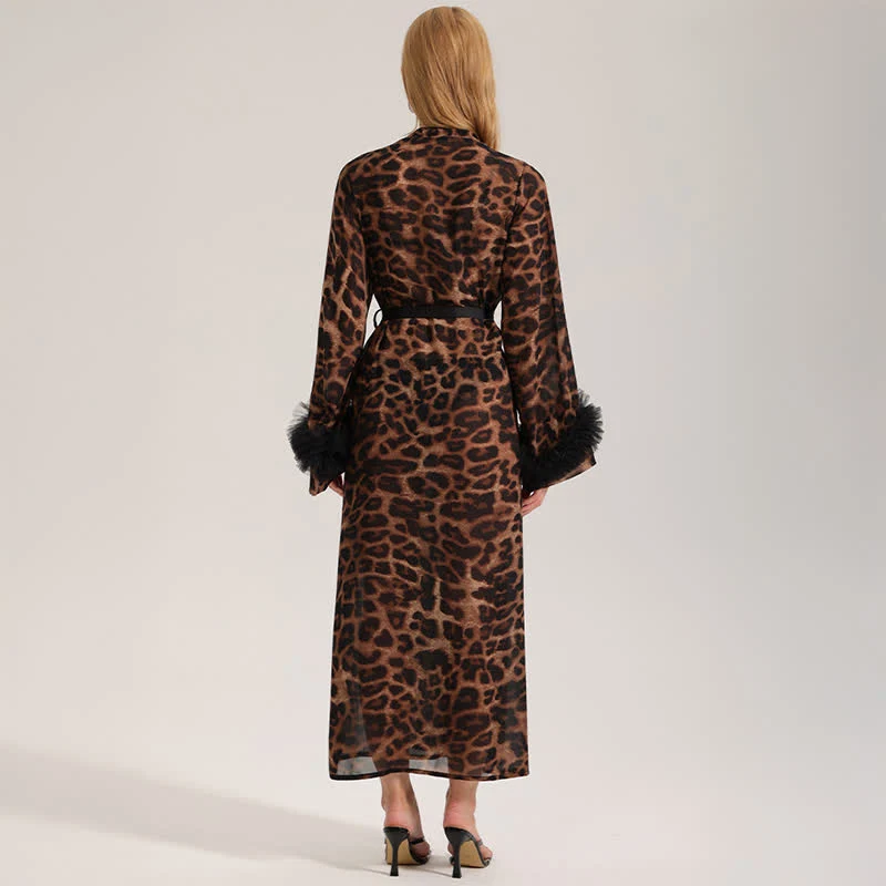 Langärmliger Kimono-Bademantel mit Leopardenmuster
