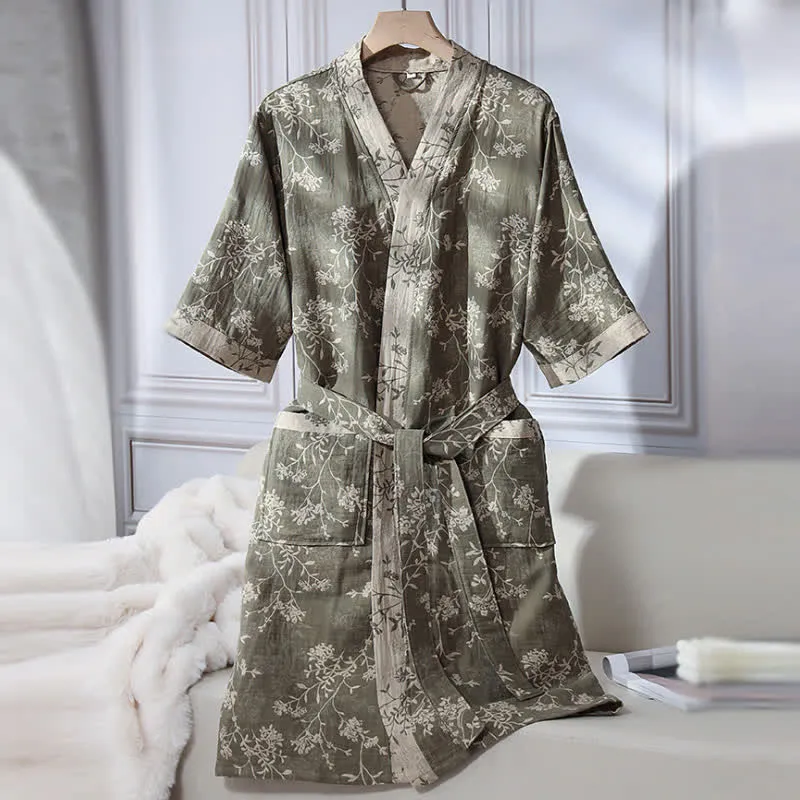 Bademantel aus Baumwollgaze-Jacquard im Vintage-Kimono mit Blumenmuster