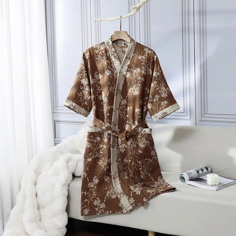 Bademantel aus Baumwollgaze-Jacquard im Vintage-Kimono mit Blumenmuster