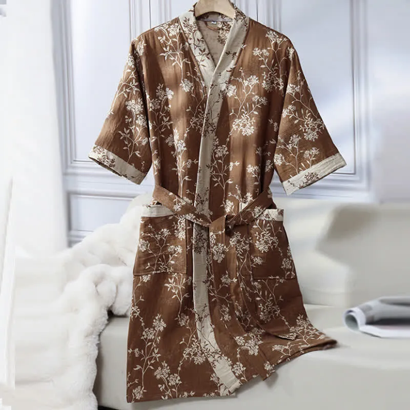 Bademantel aus Baumwollgaze-Jacquard im Vintage-Kimono mit Blumenmuster