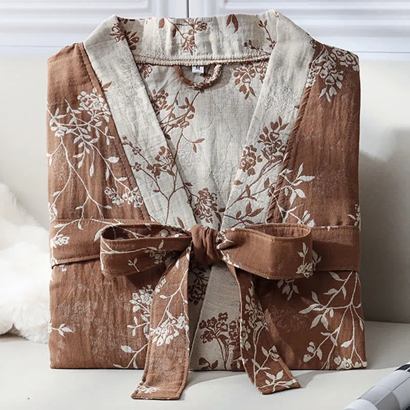 Bademantel aus Baumwollgaze-Jacquard im Vintage-Kimono mit Blumenmuster