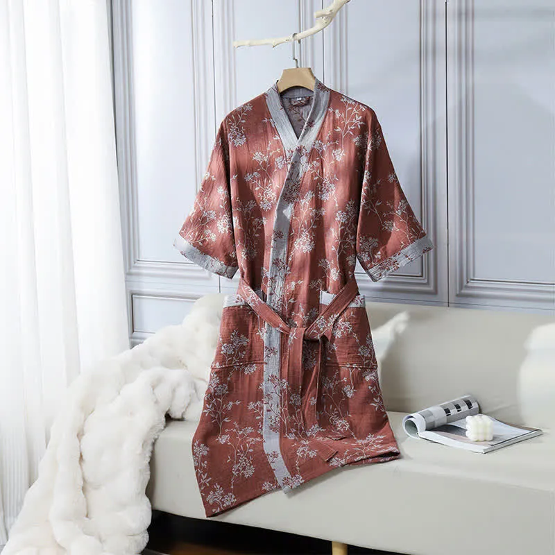 Bademantel aus Baumwollgaze-Jacquard im Vintage-Kimono mit Blumenmuster
