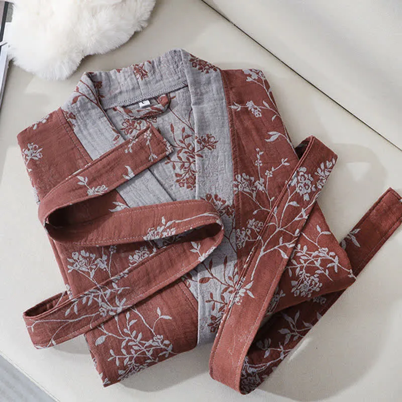 Bademantel aus Baumwollgaze-Jacquard im Vintage-Kimono mit Blumenmuster