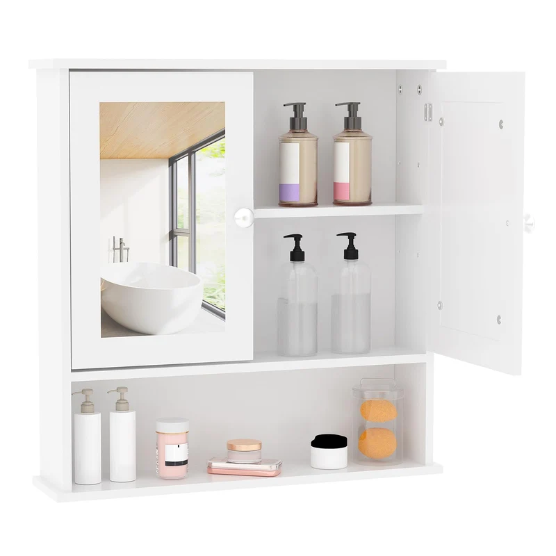 Garvee Armadio da Bagno con Specchio, Ripiani Regolabili, Montaggio a Parete, Bianco, Design Rustico Moderno, Multiuso per Bagno e Cucina, 58,4x56,1x13 cm