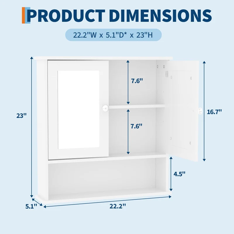 Garvee Armadio da Bagno con Specchio, Ripiani Regolabili, Montaggio a Parete, Bianco, Design Rustico Moderno, Multiuso per Bagno e Cucina, 58,4x56,1x13 cm