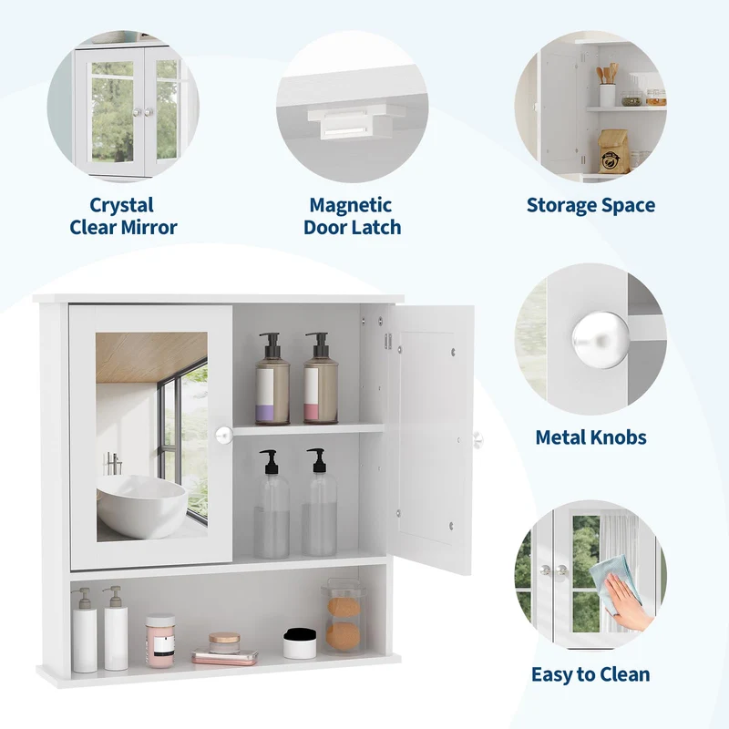 Garvee Armadio da Bagno con Specchio, Ripiani Regolabili, Montaggio a Parete, Bianco, Design Rustico Moderno, Multiuso per Bagno e Cucina, 58,4x56,1x13 cm