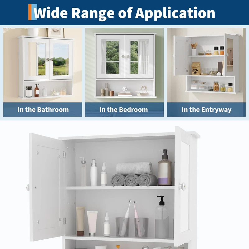 Garvee Armadio da Bagno con Specchio, Ripiani Regolabili, Montaggio a Parete, Bianco, Design Rustico Moderno, Multiuso per Bagno e Cucina, 58,4x56,1x13 cm