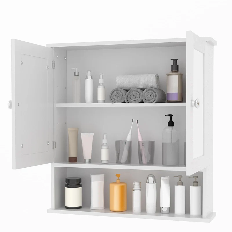 Garvee Armadio da Bagno con Specchio, Ripiani Regolabili, Montaggio a Parete, Bianco, Design Rustico Moderno, Multiuso per Bagno e Cucina, 58,4x56,1x13 cm