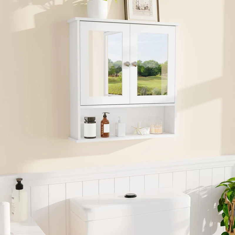 Garvee Armadio da Bagno con Specchio, Ripiani Regolabili, Montaggio a Parete, Bianco, Design Rustico Moderno, Multiuso per Bagno e Cucina, 58,4x56,1x13 cm