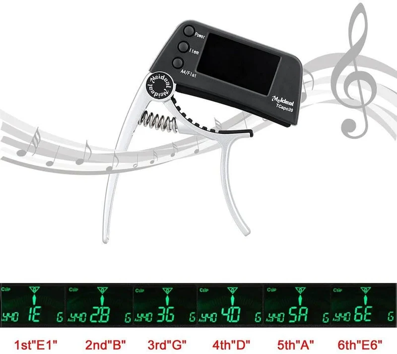Capo & Tuner "TuneGrip" – 2-i-1 gitar tilbehør med LCD-skjerm | Luvikno