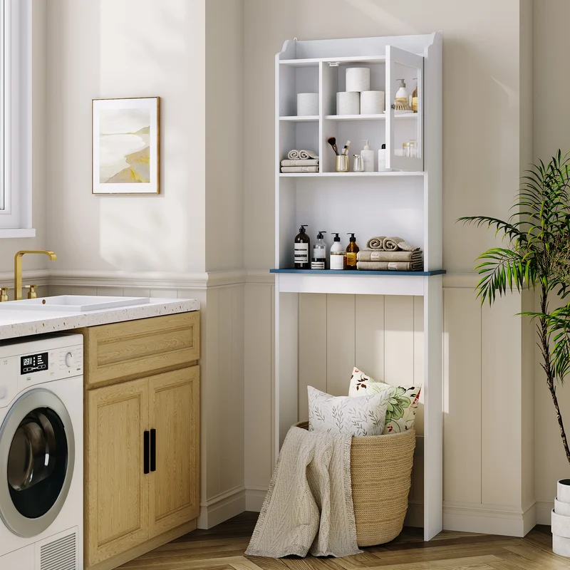 Garvee Mobiletto Da Bagno Sopra WC Con Ante In Vetro, Ripiani Regolabili, Bianco, 58.4x18.5x174 cm - Organizer Salvaspazio Per Bagno E Lavanderia