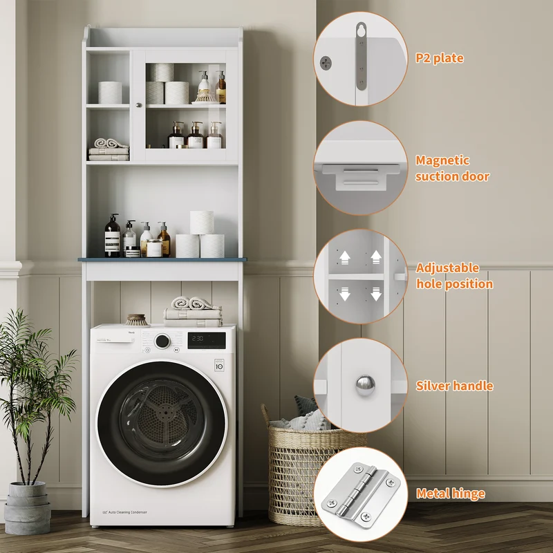 Garvee Mobiletto Da Bagno Sopra WC Con Ante In Vetro, Ripiani Regolabili, Bianco, 58.4x18.5x174 cm - Organizer Salvaspazio Per Bagno E Lavanderia