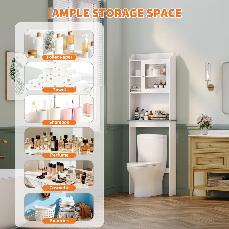 Garvee Mobiletto Da Bagno Sopra WC Con Ante In Vetro, Ripiani Regolabili, Bianco, 58.4x18.5x174 cm - Organizer Salvaspazio Per Bagno E Lavanderia