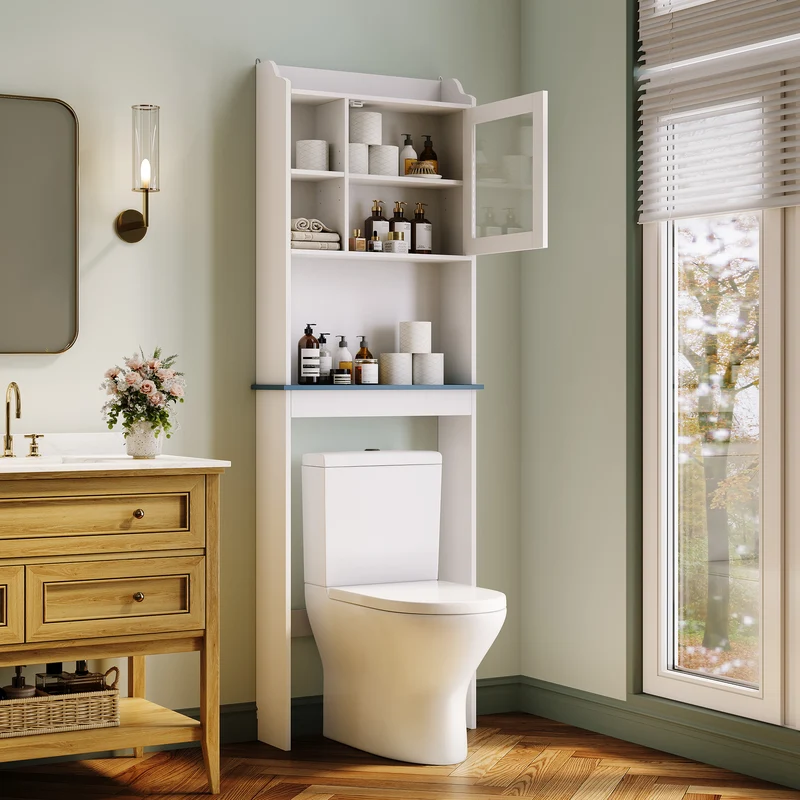 Garvee Mobiletto Da Bagno Sopra WC Con Ante In Vetro, Ripiani Regolabili, Bianco, 58.4x18.5x174 cm - Organizer Salvaspazio Per Bagno E Lavanderia